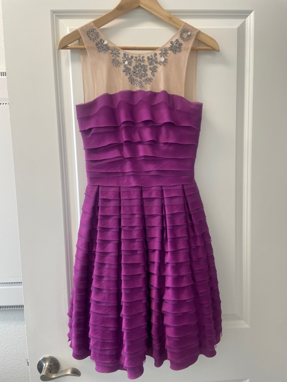 Purple Tiered Ruffle Dress with Illusion Floral Neckline